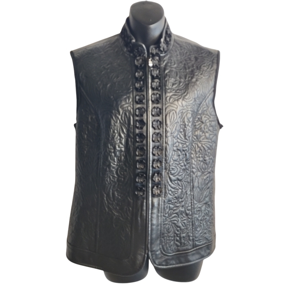 Nygard Collection Leather Knit Jacket Black Floral Rayon Nylon Knit Zip Vest M